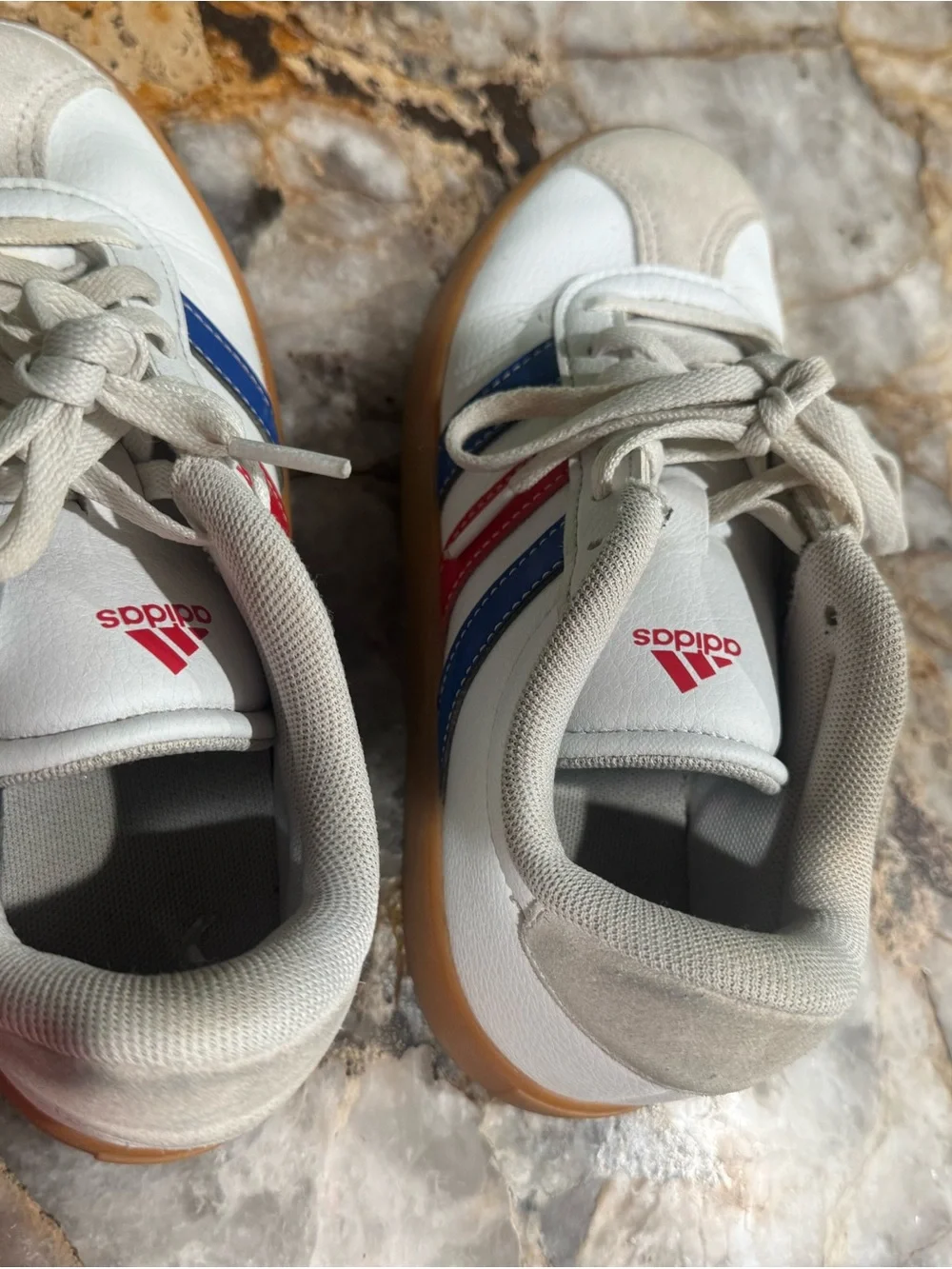 adidas Kids White Sneakers with Blue and Red Stripes and Gum Sole